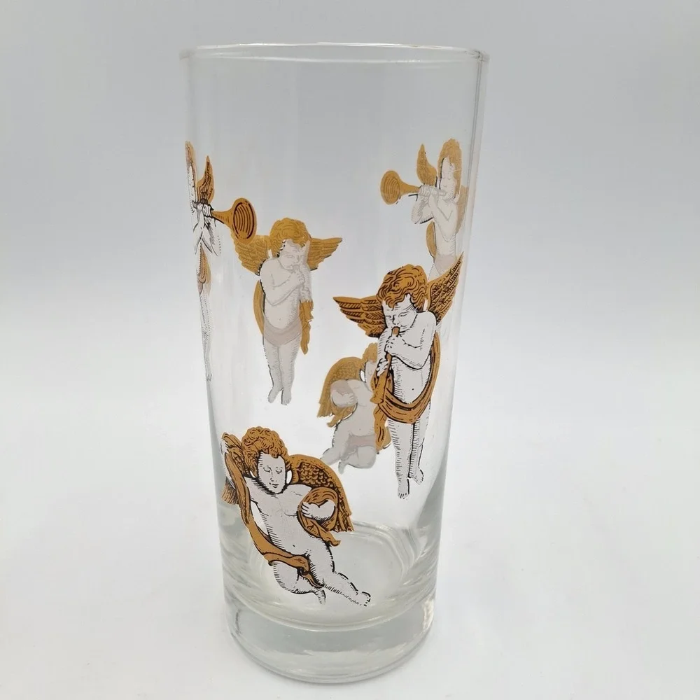 Vintage Culver Tall Cooler Barware Glasses Cherubs & Stars Set of 2 Made In USA